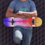 Orange Pink Purple Rainbow Ombre Palm Tree Cool Skateboard<br><div class="desc">Get ready to embrace the warm sunshine on your city streets whenever you use this wildly, colorful photo skateboard of a towering California palm tree with a vintage look, distressed yellow, orange, pink and purple rainbow ombre. Makes a retro cool and fun statement every time you surf the pavement. Makes...</div>