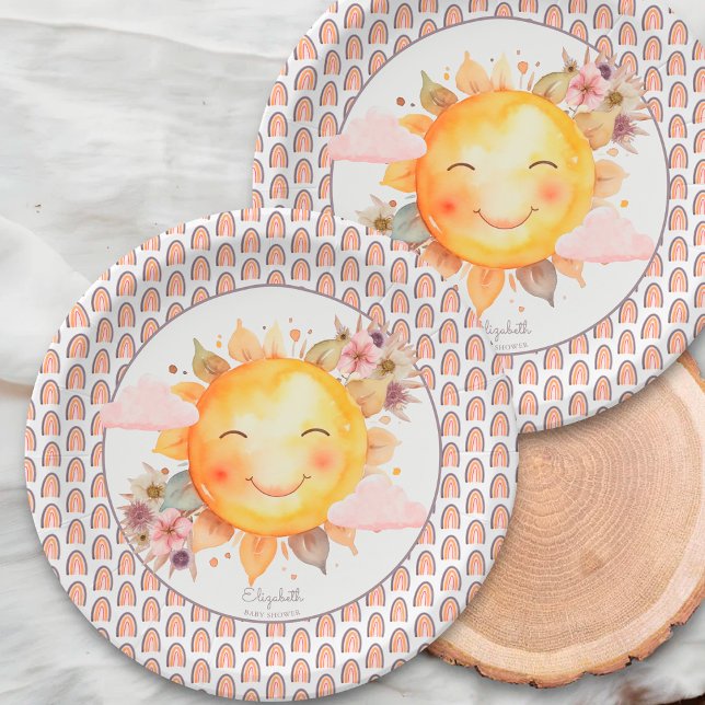 Orange Pink Rainbow Floral Boho Sun Baby Shower Paper Plates (Creator Uploaded)