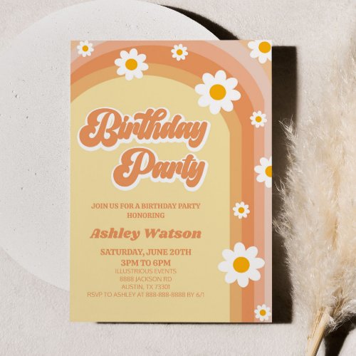 Orange Pink Retro Daisy Flower Birthday Party Invitation