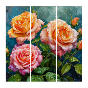 Orange Pink Rose Triptych Wall Art Set Decor