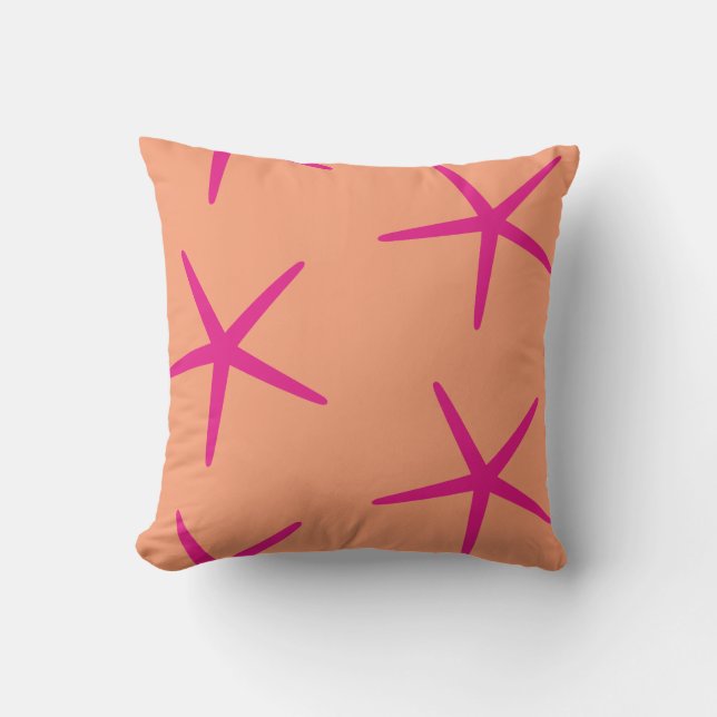Orange Pink Starfish Coastal Tropical Art Beach Outdoor Pillow (Front)