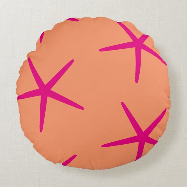 Orange Pink Starfish Coastal Tropical Art Beach Round Pillow (Front)