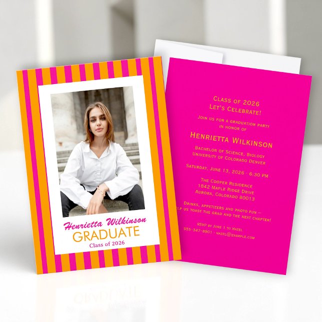 Orange Pink Stripes Photo Graduation Invitation (Creator Uploaded)