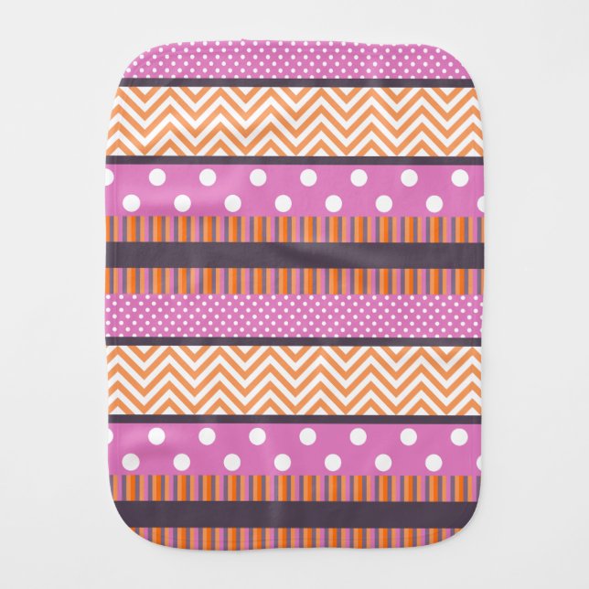 Orange & Pink Stripes Polka Dots Chevron Pattern Burp Cloth (Front)