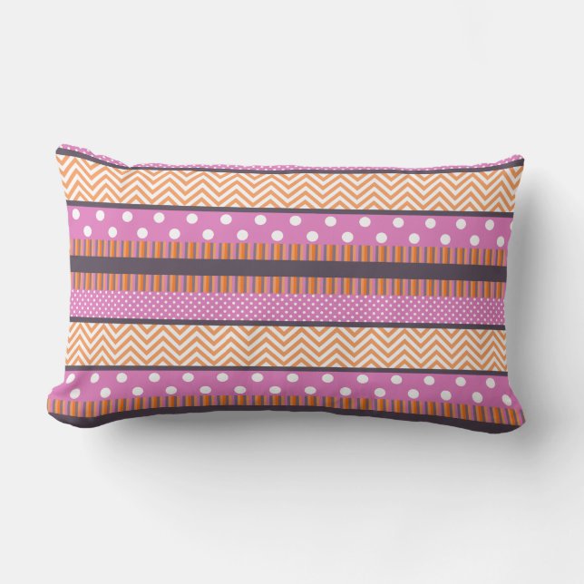 Orange & Pink Stripes Polka Dots Chevron Pattern Lumbar Pillow (Front)