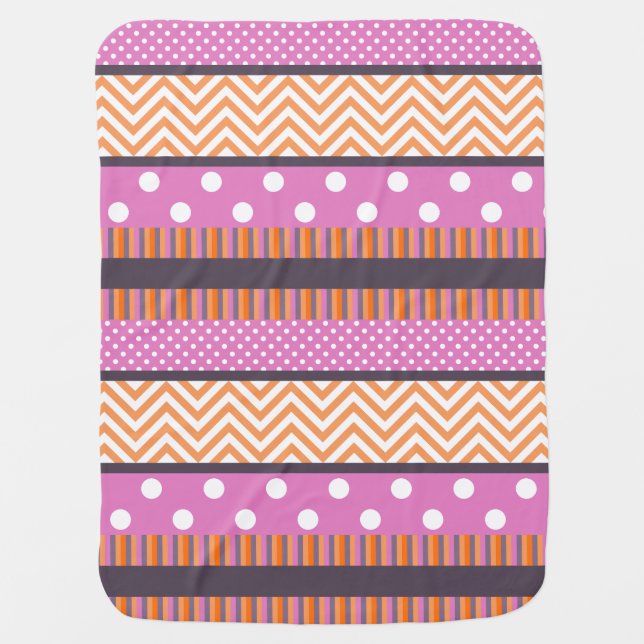 Orange & Pink Stripes Polka Dots Chevron Pattern Receiving Blanket (Front)