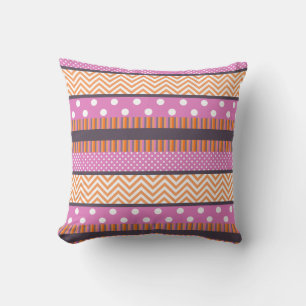 Orange & Pink Stripes Polka Dots Chevron Pattern Throw Pillow
