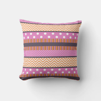 Orange & Pink Stripes Polka Dots Chevron Pattern Throw Pillow