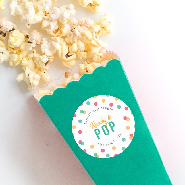 Orange Pink Teal Confetti Ready to Pop Baby Shower Classic Round Sticker (Creator Uploaded)