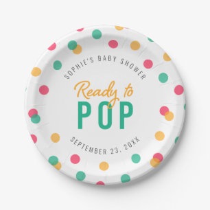 Orange Pink Teal Confetti Ready to Pop Baby Shower Paper Plates