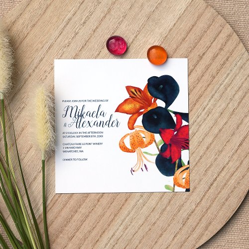 Orange Pink Tiger Lilies Blue Calla Lily Wedding Invitation