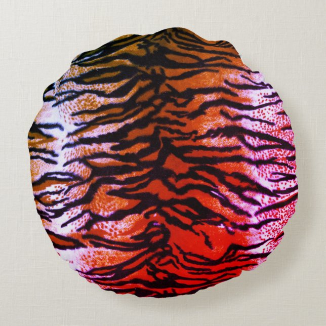 Orange & Pink Tiger Print Round Throw Pillow (Back)