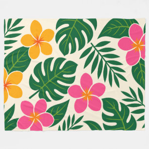 Orange & Pink Tropical Flowers with Green Leaves Fleece Blanket