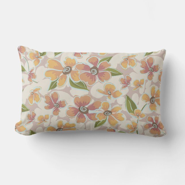 Orange Pink Tropical Retro Floral Lumbar Pillow (Front)