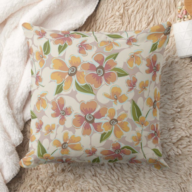 Orange Pink Tropical Retro Floral Round Pillow (Blanket)