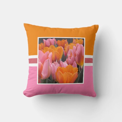 Orange  Pink Tulips Monogram Throw Pillow