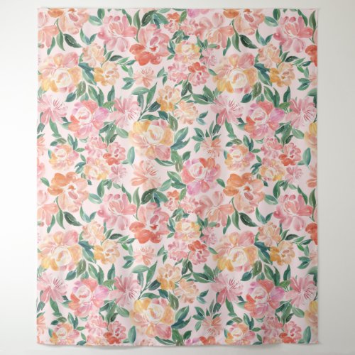 Orange  Pink Watercolor Floral Photocall Dropback Tapestry