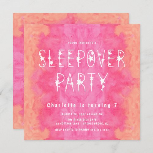 Orange Pink Watercolor Starry Girls Sleepover Invi Invitation