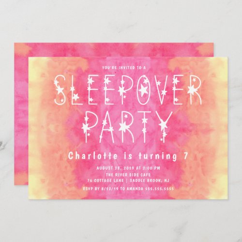 Orange Pink Watercolor Starry Girls Sleepover Invitation