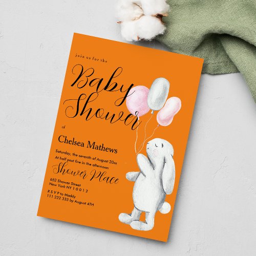 Orange pink white bunny party balloons Baby Shower Invitation