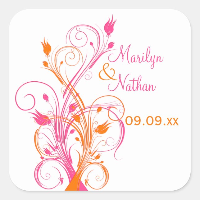 Orange Pink White Floral 1.5" Wedding Sticker (Front)