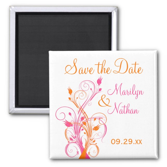 Orange Pink White Floral Save the Date Magnet (Front)