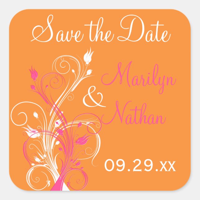 Orange Pink White Floral Save the Date Sticker (Front)