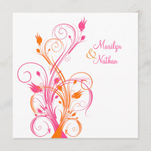 Orange Pink White Floral Square Wedding Invitation