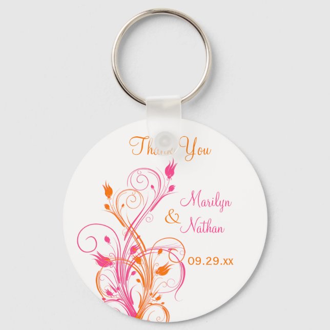 Orange Pink White Floral Wedding Favor Key Chain (Front)
