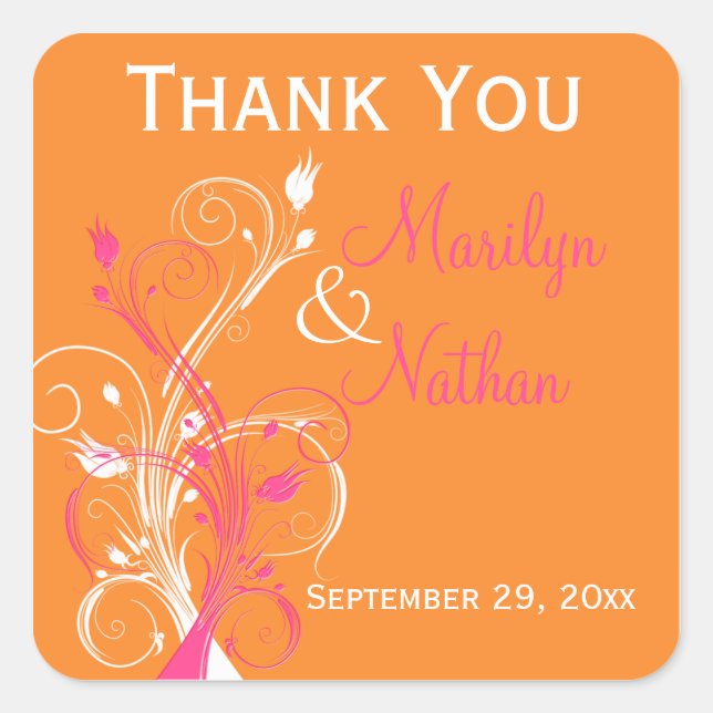 Orange Pink White Floral Wedding Favor Sticker (Front)