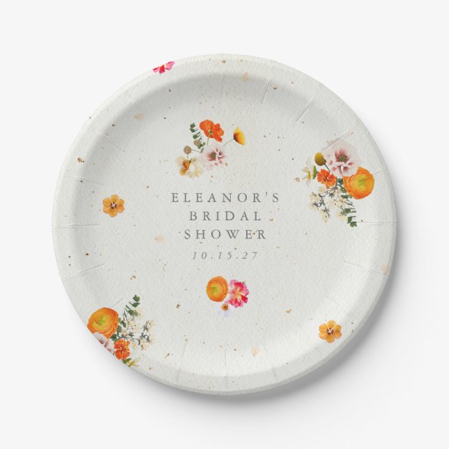 Orange Pink Wildflower Bridal Shower Personalized Paper Plates (Front)