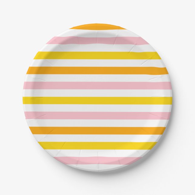 Orange, Pink & Yellow Striped Paper Plates (Front)