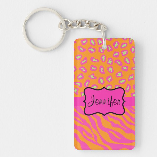 Orange & Pink Zebra & Cheetah Personalized Keychain (Front)