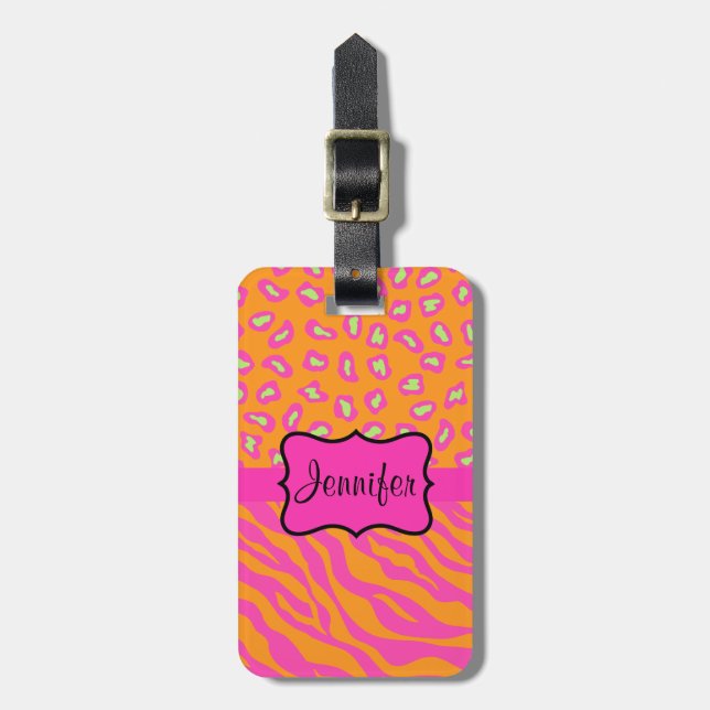 Orange & Pink Zebra & Cheetah Personalized Luggage Tag (Front Vertical)