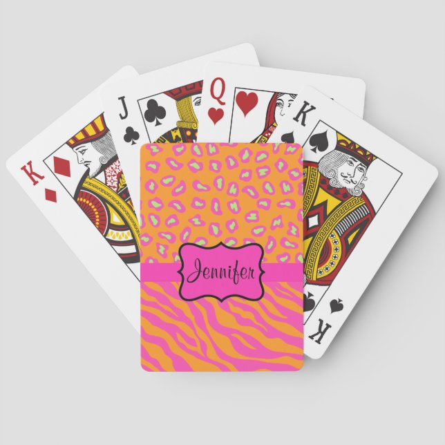 Orange & Pink Zebra & Cheetah Personalized Poker Cards (Back)