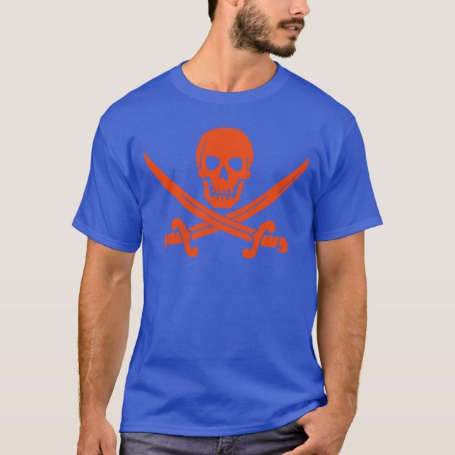 Orange Pirate Skull and Swords Blue T-Shirt (Front)