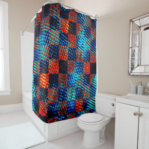 Orange plaid almost red, blue, and faux dirty shower curtain