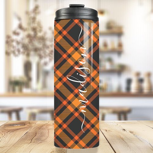 Orange Plaid Autumn Fall Signature Script Name Thermal Tumbler