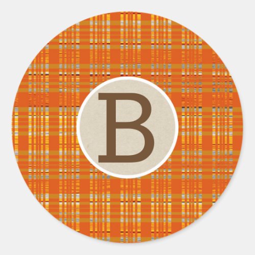 Orange Plaid  Brown Kraft Rustic Monogram Initial Classic Round Sticker