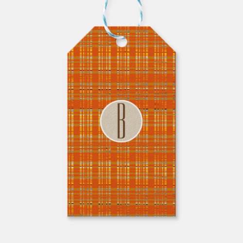 Orange Plaid  Brown Kraft Rustic Monogram Initial Gift Tags