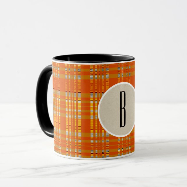 Orange Plaid & Brown Kraft Rustic Monogram Initial Mug (Front Left)