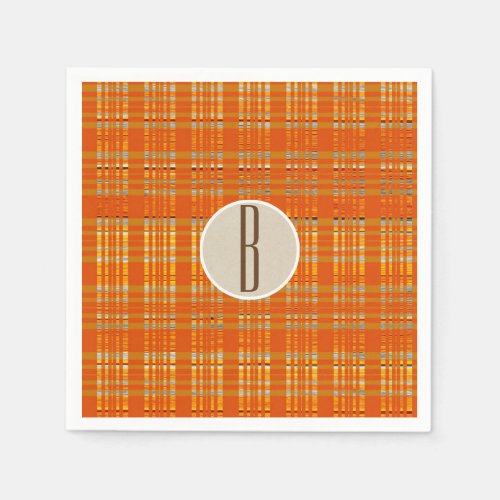 Orange Plaid  Brown Kraft Rustic Monogram Initial Paper Napkins