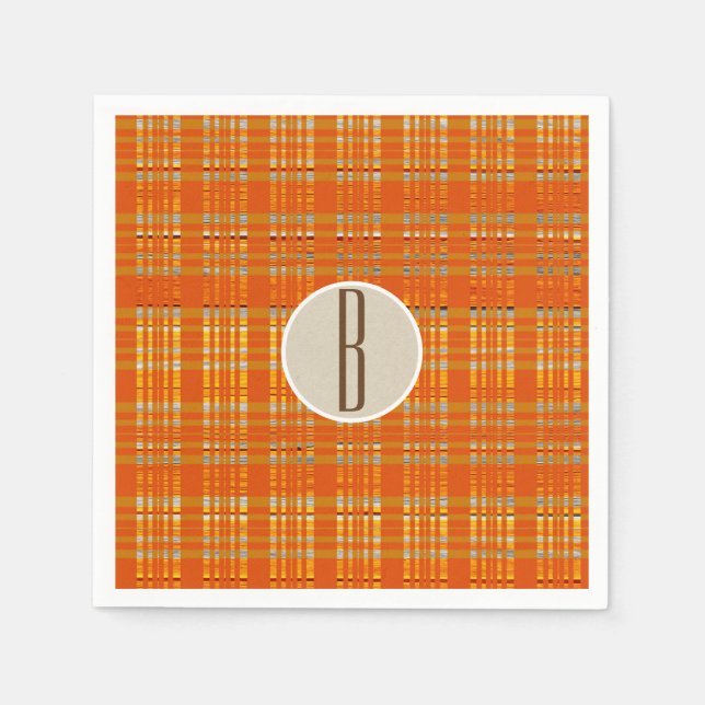 Orange Plaid & Brown Kraft Rustic Monogram Initial Paper Napkins (Front)