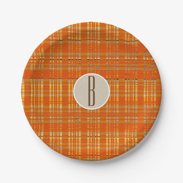 Orange Plaid & Brown Kraft Rustic Monogram Initial Paper Plates (Front)