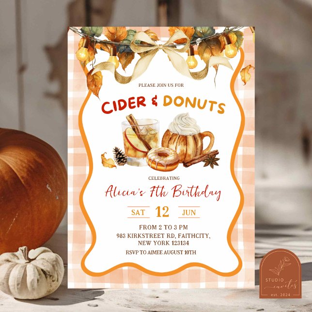 Orange Plaid Cider and Donuts Fall Birthday Invitation (Creator Uploaded)