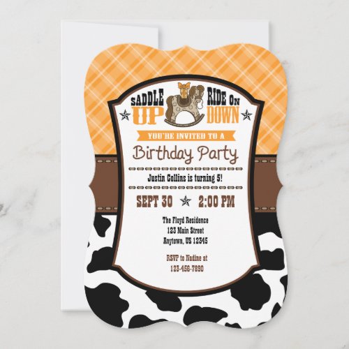 Orange Plaid Cowhide Cowboy Birthday Invite
