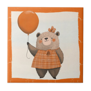 Orange Plaid Dress Bear with Hair Bow Ceramic Tile