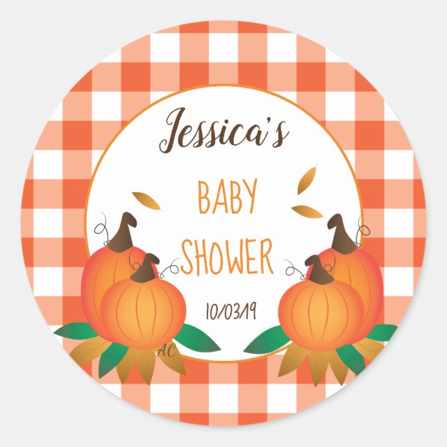 Orange Plaid Fall Baby Shower Stickers (Front)