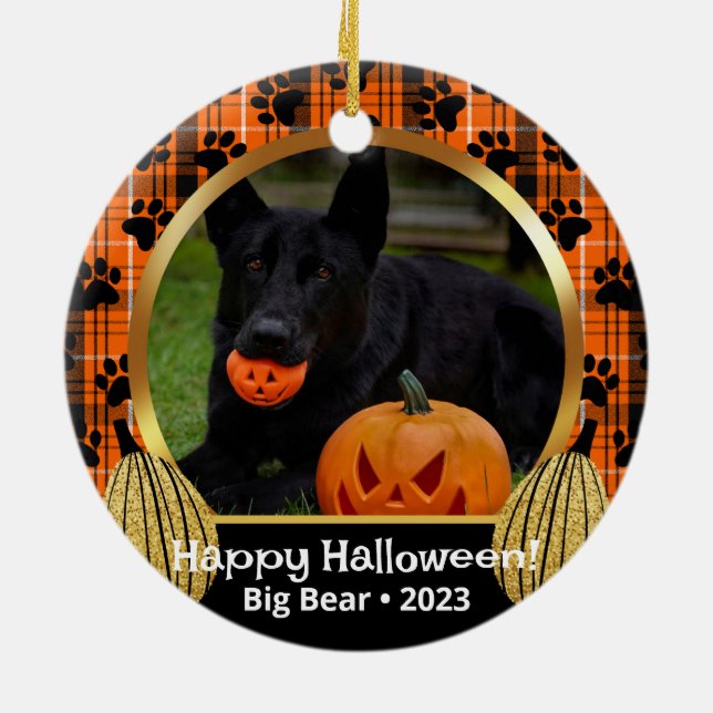 Orange Plaid Fall Photo Custom Pet Ornament (Back)