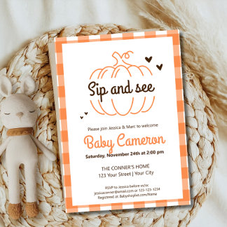 Orange Plaid Fall Pumpkin Sip And See Meet Greet Invitation